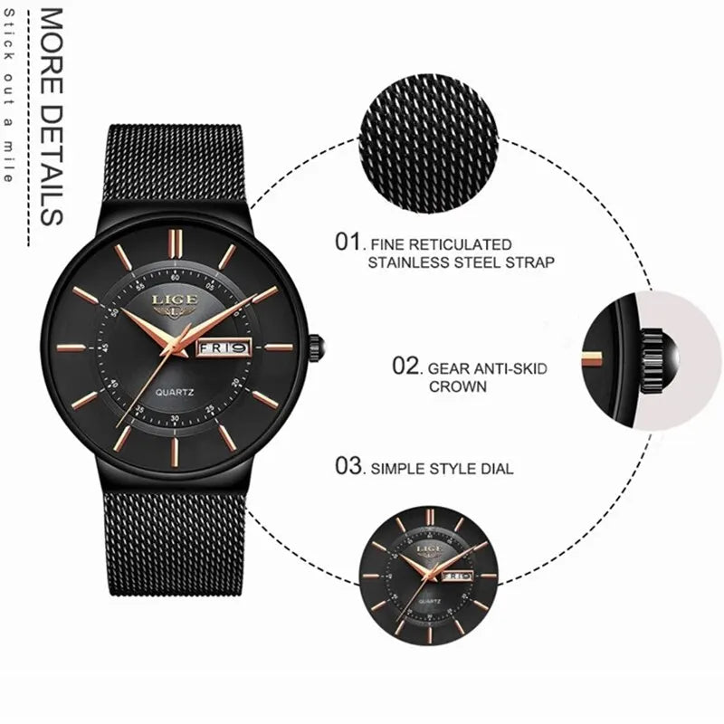 Luxury Men’s Ultra-Thin Waterproof Stainless Steel Quartz Watch – Elegant Date Display Sports Wristwatch