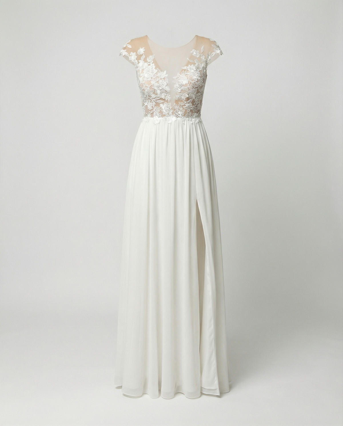 Maternity Lace Evening Wedding Dress with Pockets, Side Slit, Backless, V-Neck - White