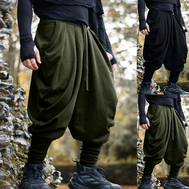 Men's Avant-Garde Harem Pants with Wrap Front, Elastic Waistband, and Slim Ankles