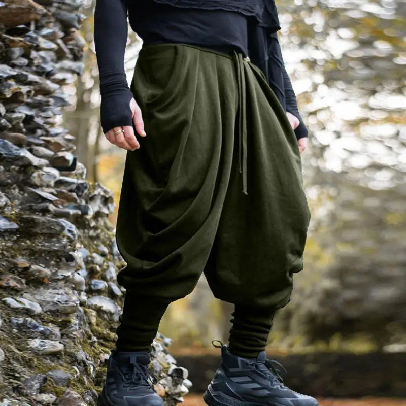 Men's Avant-Garde Harem Pants with Wrap Front, Elastic Waistband, and Slim Ankles