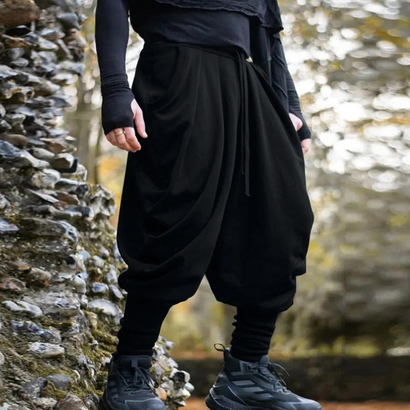 Men's Avant-Garde Harem Pants with Wrap Front, Elastic Waistband, and Slim Ankles