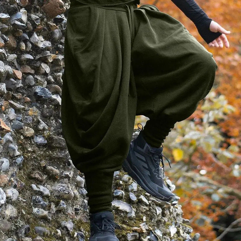 Men's Avant-Garde Harem Pants with Wrap Front, Elastic Waistband, and Slim Ankles