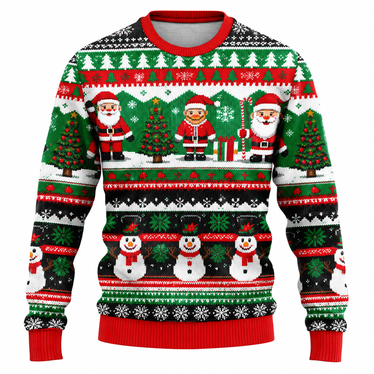 Men's Christmas Sweater | Santa, Snowman & Snow-Covered Tree Print | Crew Neck, Straight Fit & Ribbed Cuffs