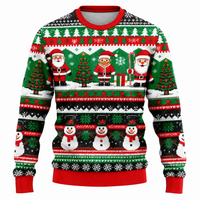 Men's Christmas Sweater | Santa, Snowman & Snow-Covered Tree Print | Crew Neck, Straight Fit & Ribbed Cuffs