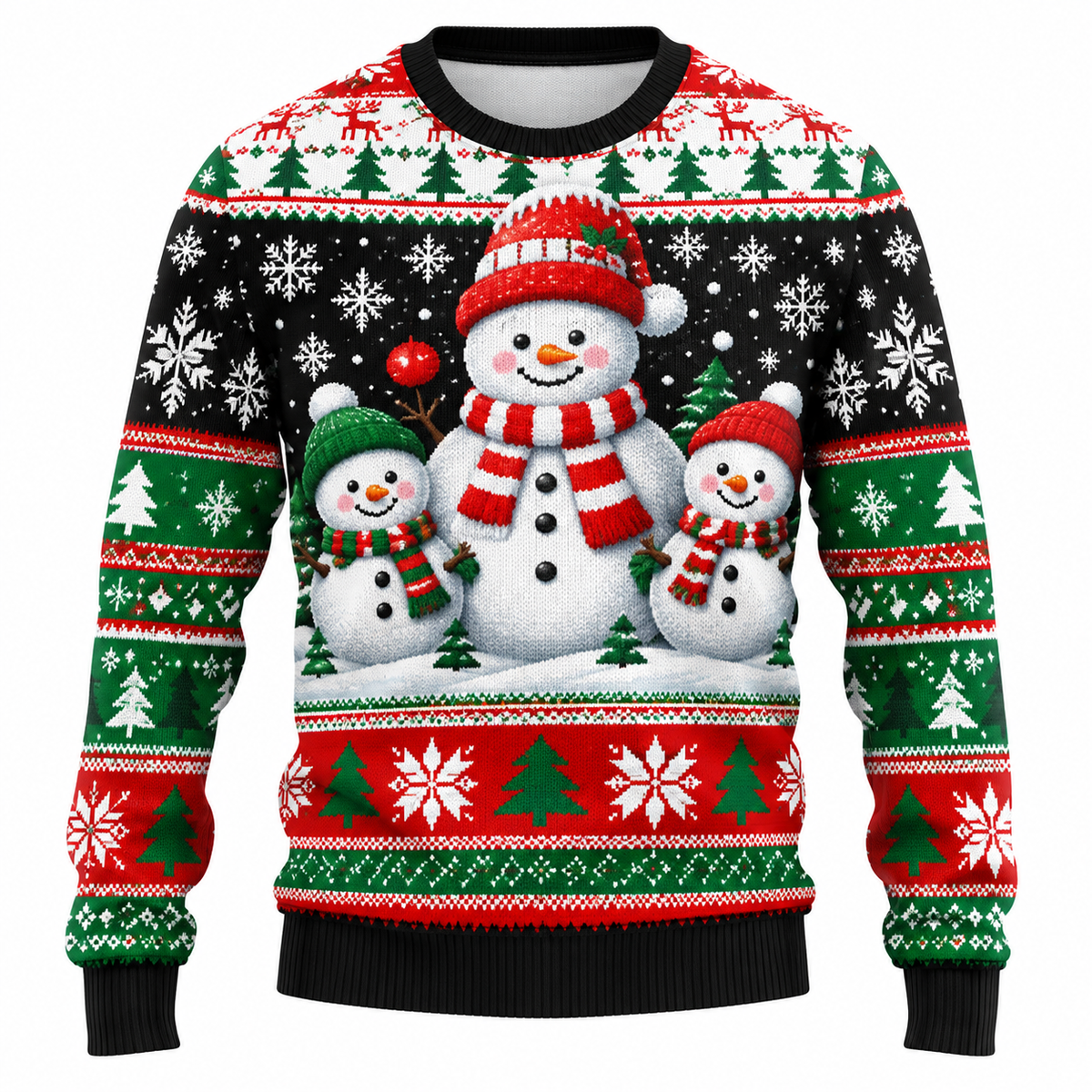 Men's Christmas Sweater | Santa, Snowman & Snow-Covered Tree Print | Crew Neck, Straight Fit & Ribbed Cuffs