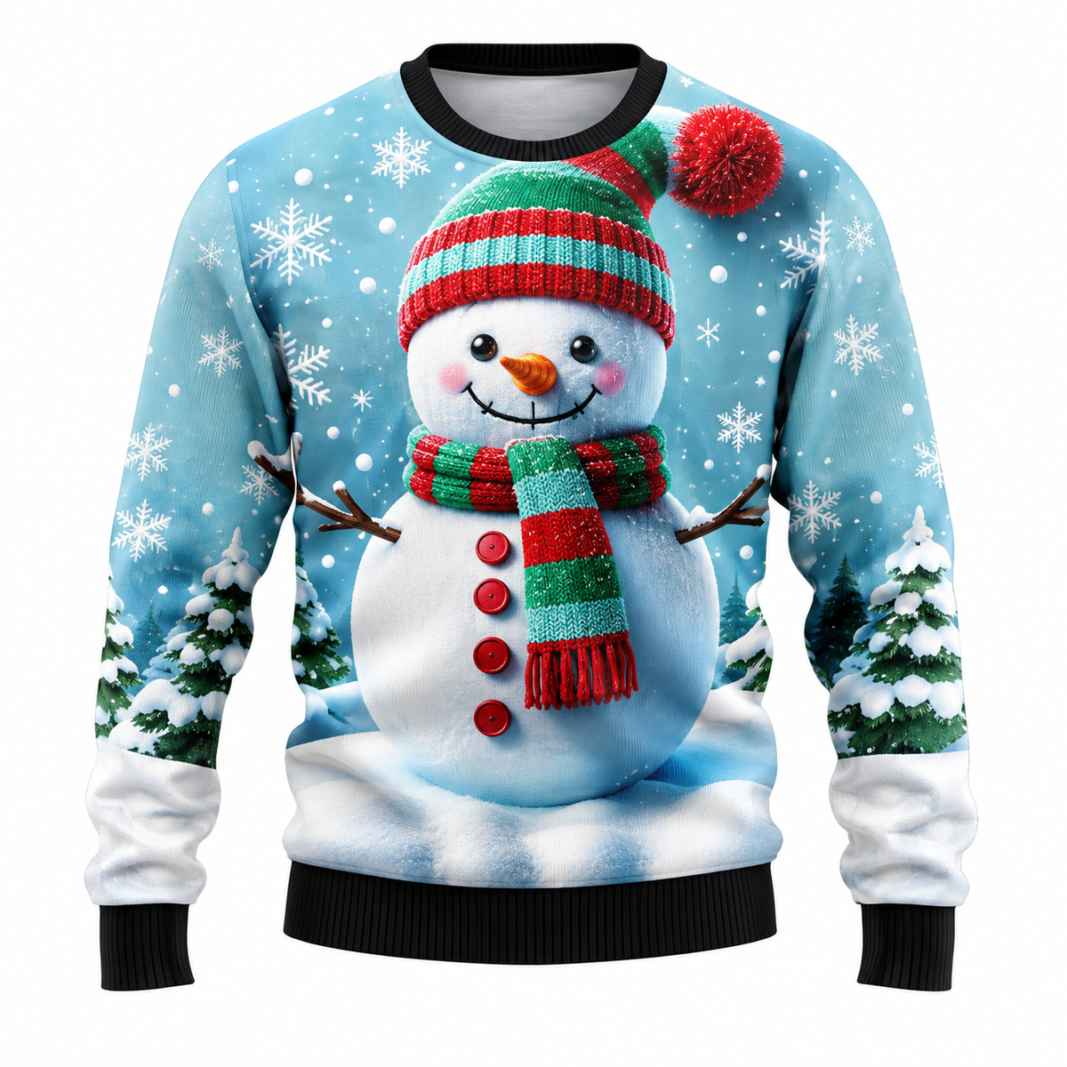 Men's Christmas Sweater | Santa, Snowman & Snow-Covered Tree Print | Crew Neck, Straight Fit & Ribbed Cuffs