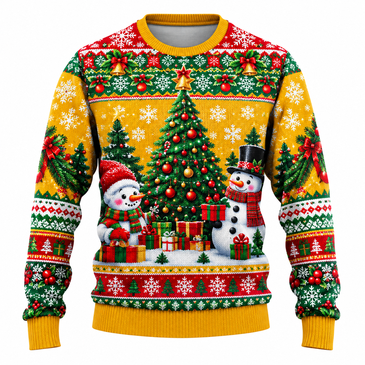 Men's Christmas Sweater | Santa, Snowman & Snow-Covered Tree Print | Crew Neck, Straight Fit & Ribbed Cuffs