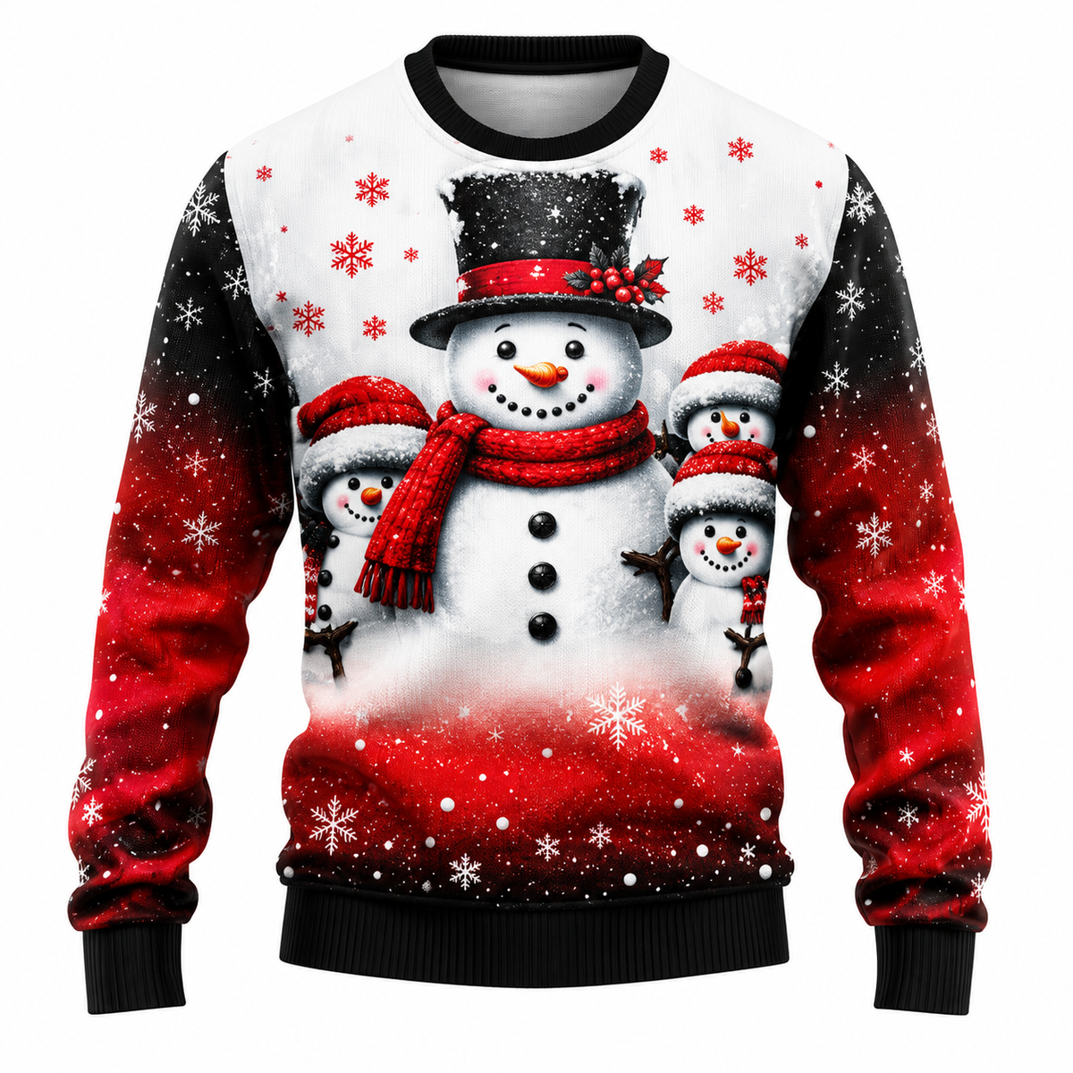 Men's Christmas Sweater | Santa, Snowman & Snow-Covered Tree Print | Crew Neck, Straight Fit & Ribbed Cuffs
