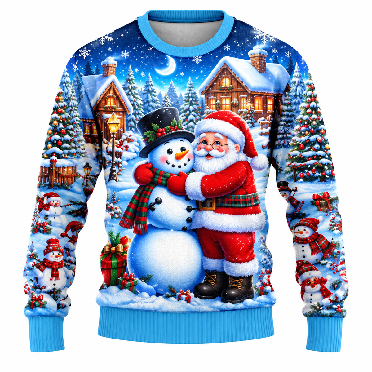 Men's Christmas Sweater | Santa, Snowman & Snow-Covered Tree Print | Crew Neck, Straight Fit & Ribbed Cuffs