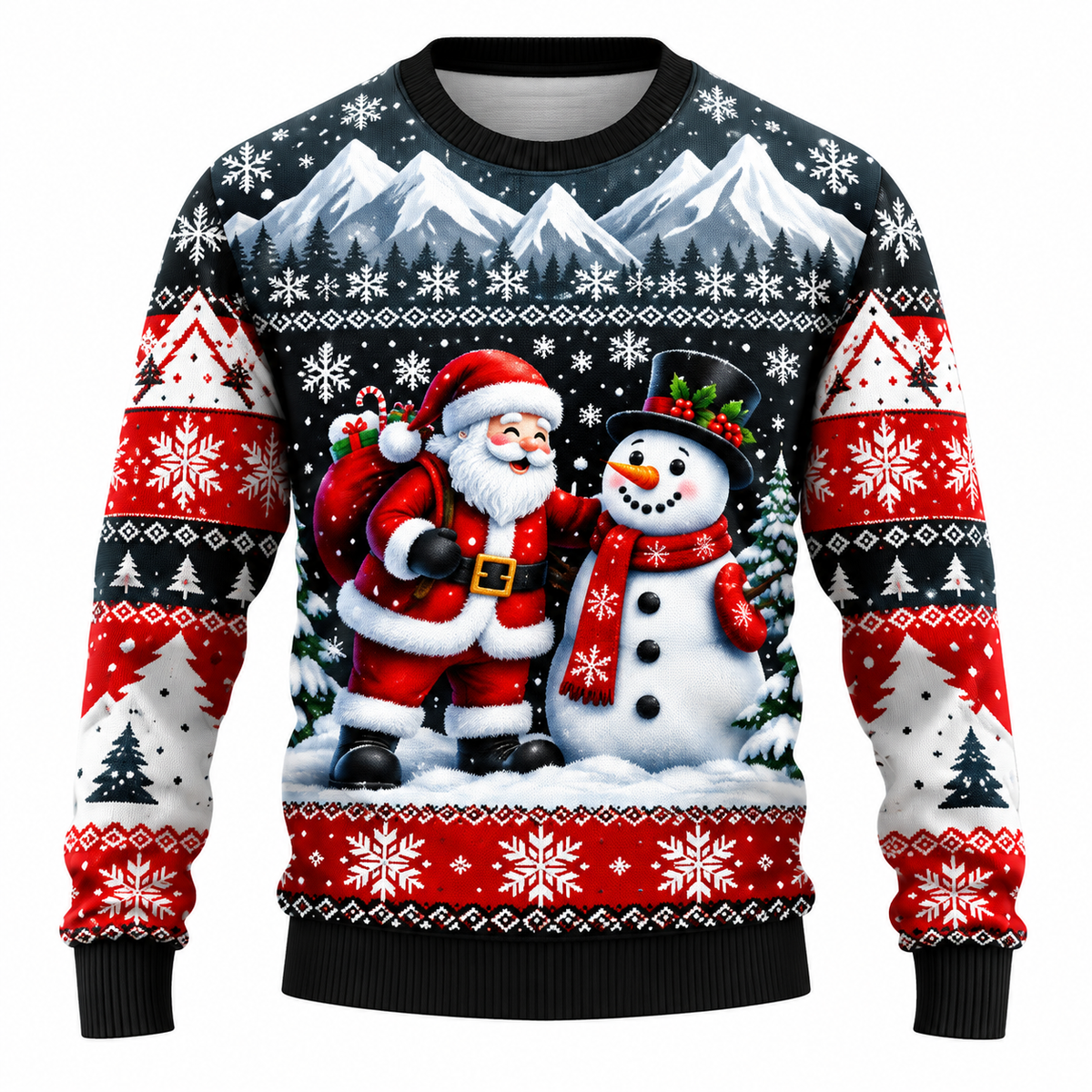 Men's Christmas Sweater | Santa, Snowman & Snow-Covered Tree Print | Crew Neck, Straight Fit & Ribbed Cuffs