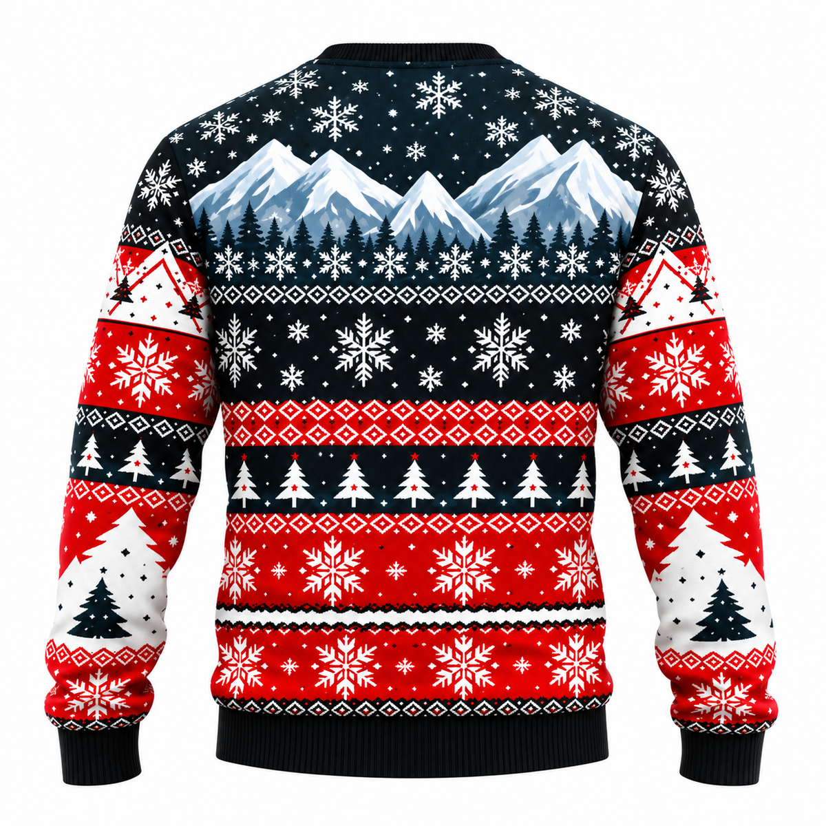 Men's Christmas Sweater | Santa, Snowman & Snow-Covered Tree Print | Crew Neck, Straight Fit & Ribbed Cuffs