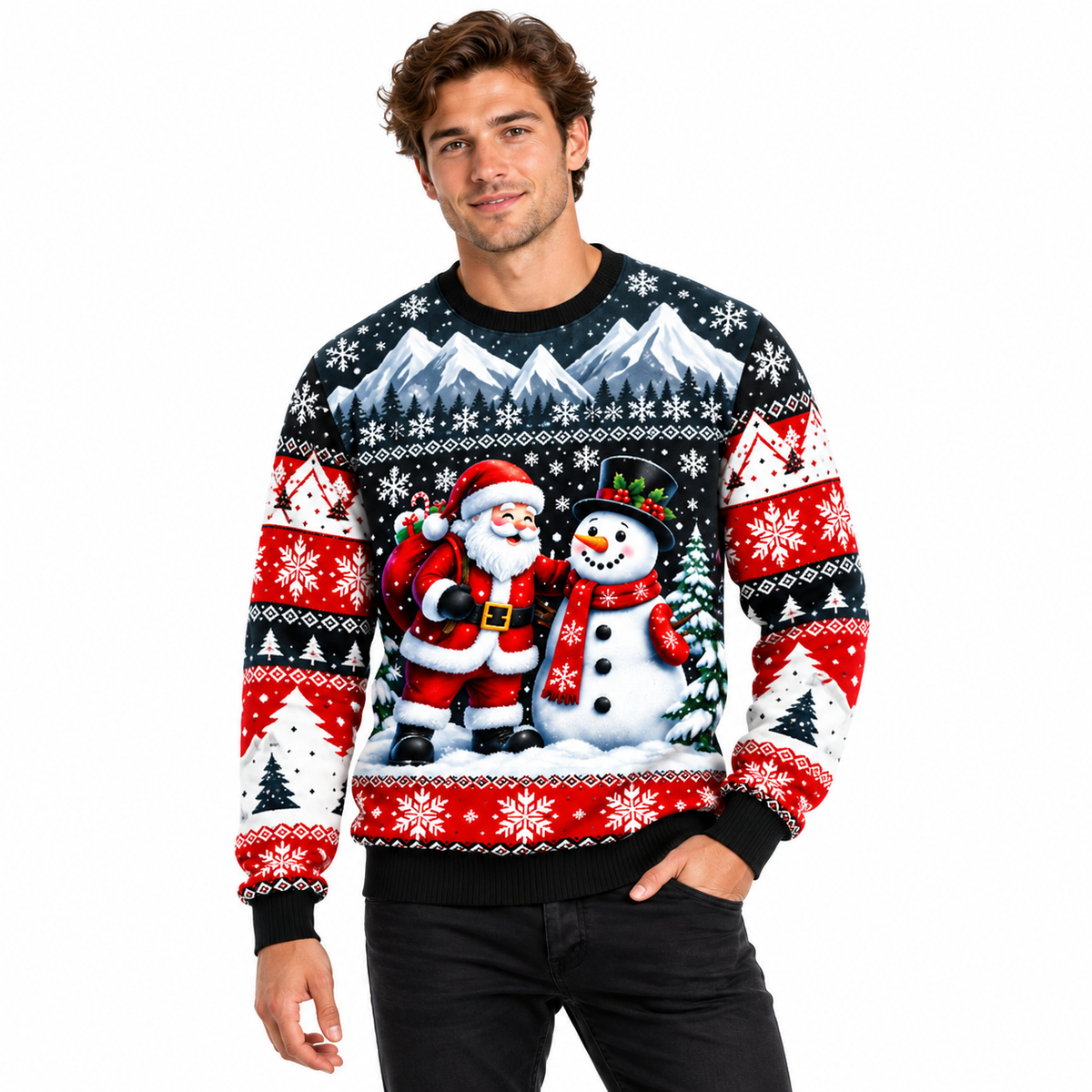 Men's Christmas Sweater | Santa, Snowman & Snow-Covered Tree Print | Crew Neck, Straight Fit & Ribbed Cuffs