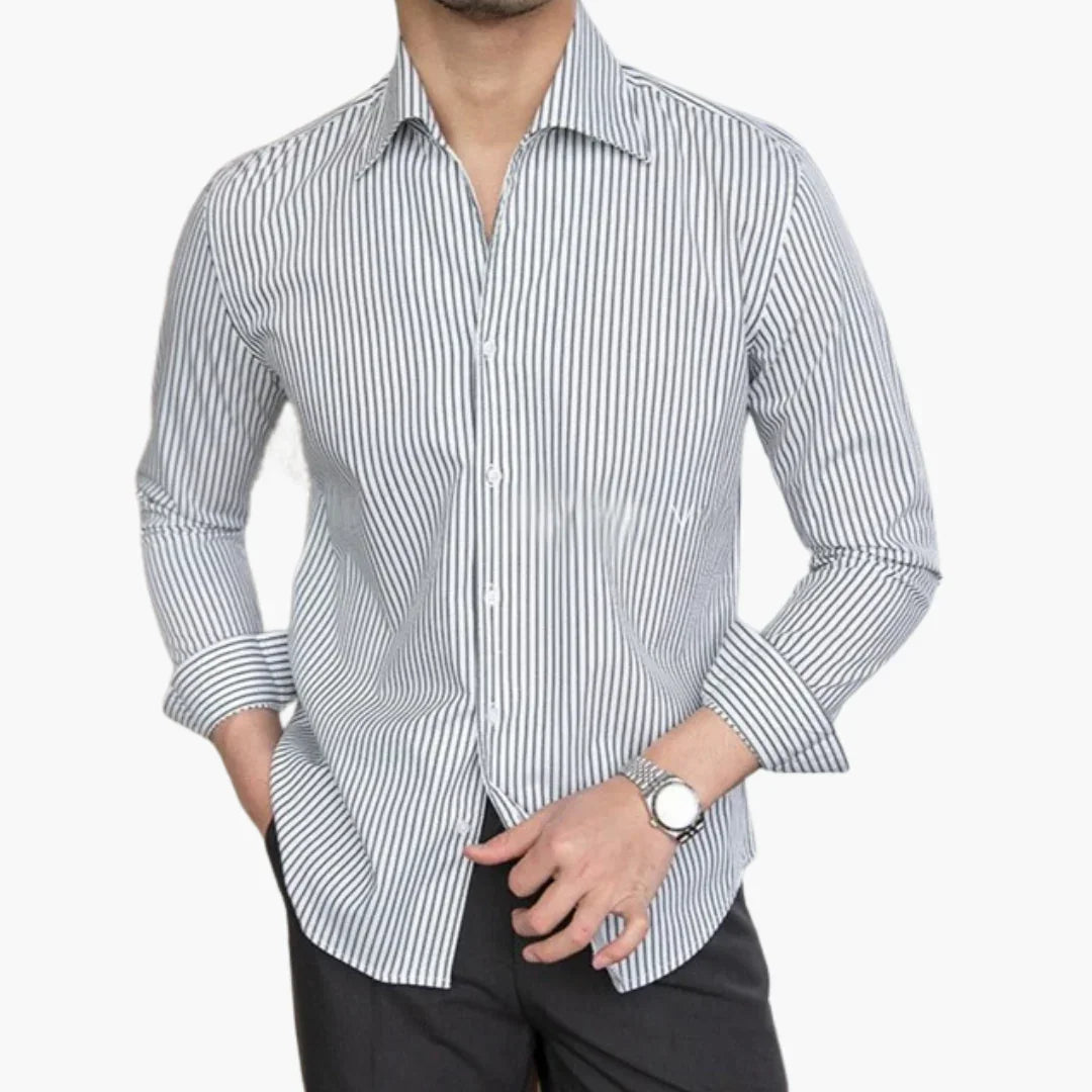 Men's Striped Shirt with Contrast Collar and Buttoned Cuffs