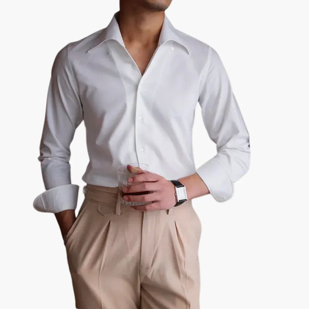 Men's Striped Shirt with Contrast Collar and Buttoned Cuffs