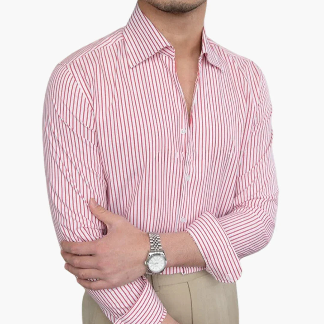 Men's Striped Shirt with Contrast Collar and Buttoned Cuffs