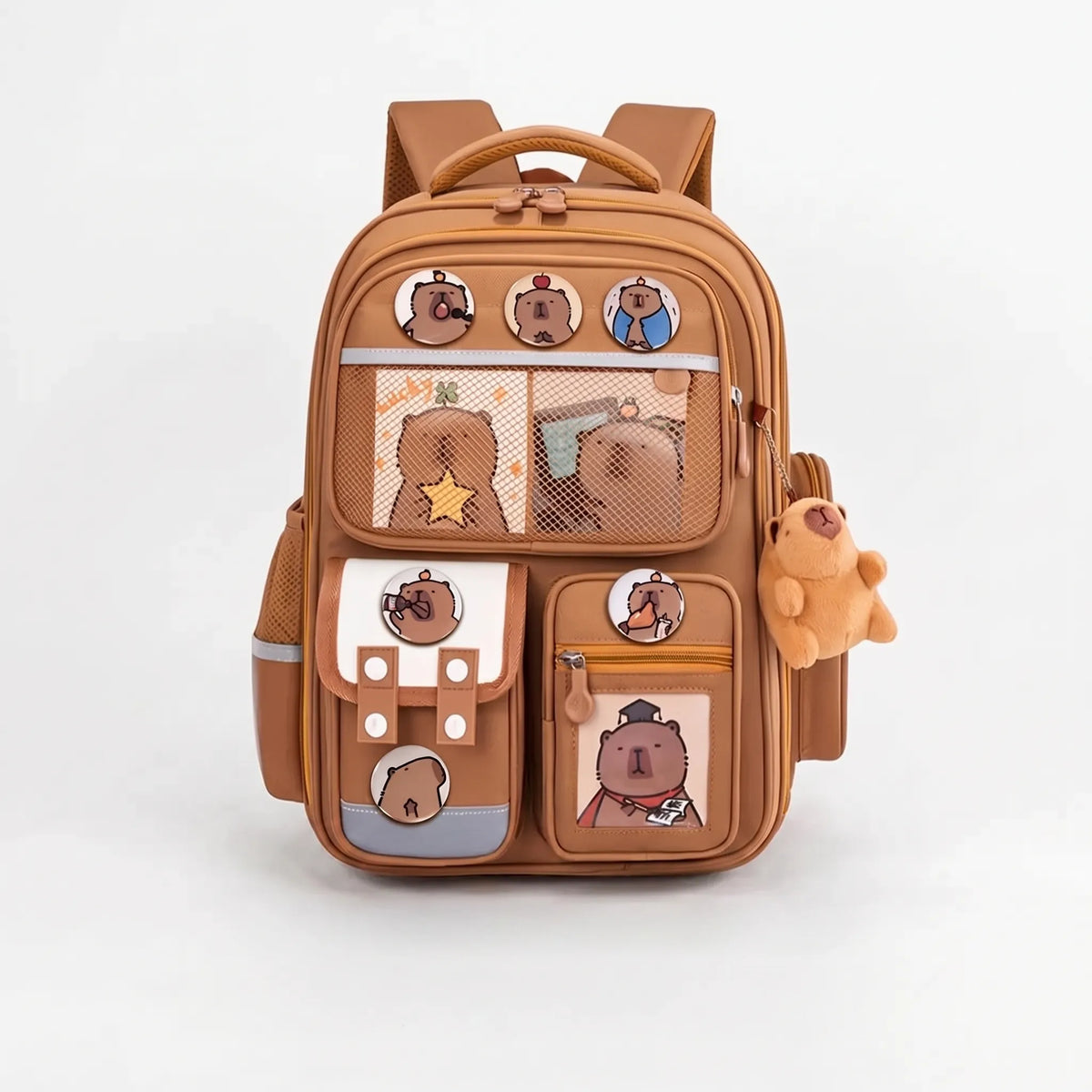 Multi-Compartment School Backpack with Capybara Motif