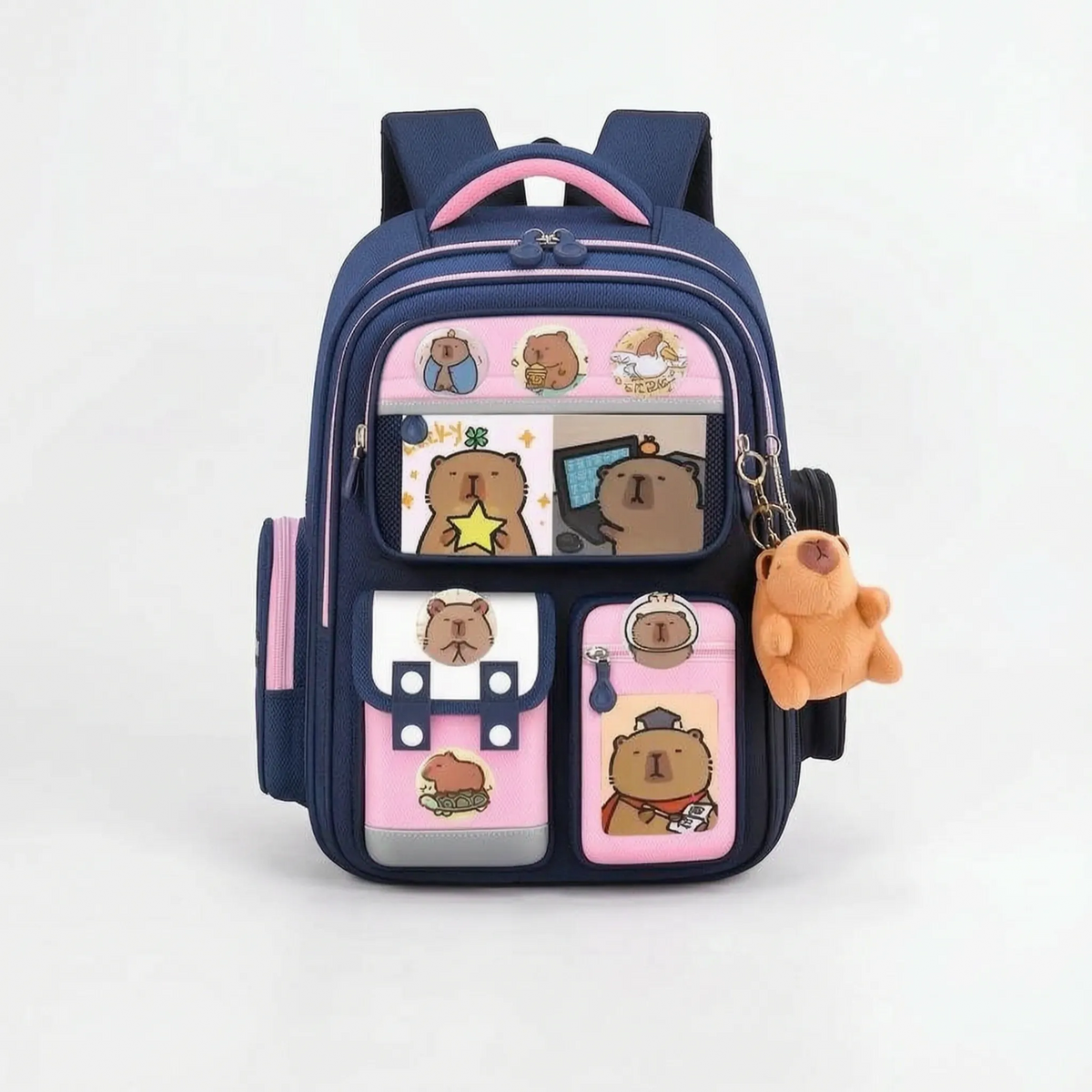 Multi-Compartment School Backpack with Capybara Motif