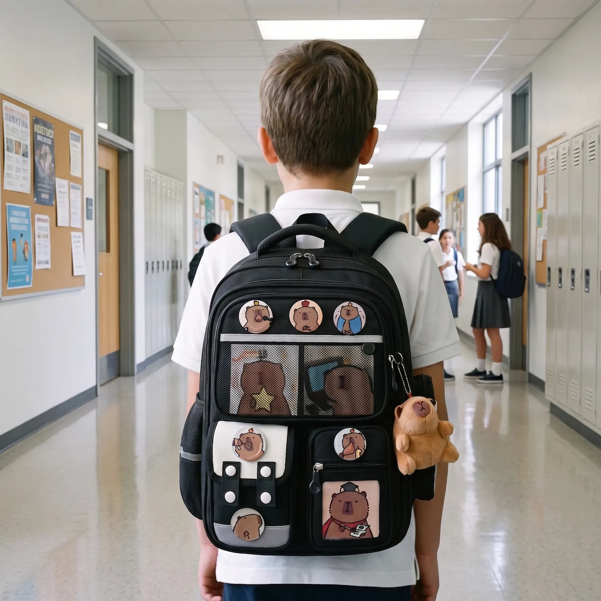 Multi-Compartment School Backpack with Capybara Motif