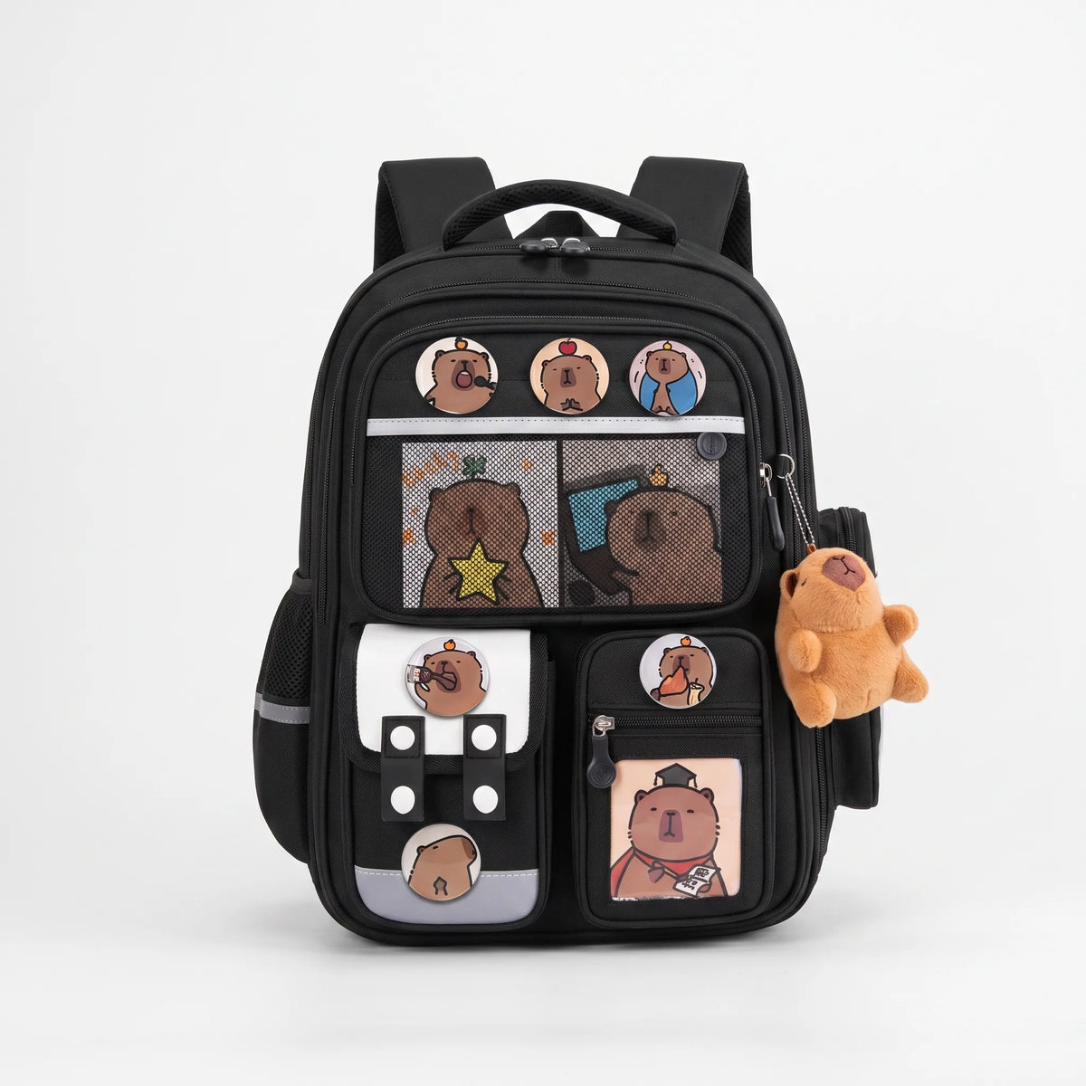 Multi-Compartment School Backpack with Capybara Motif