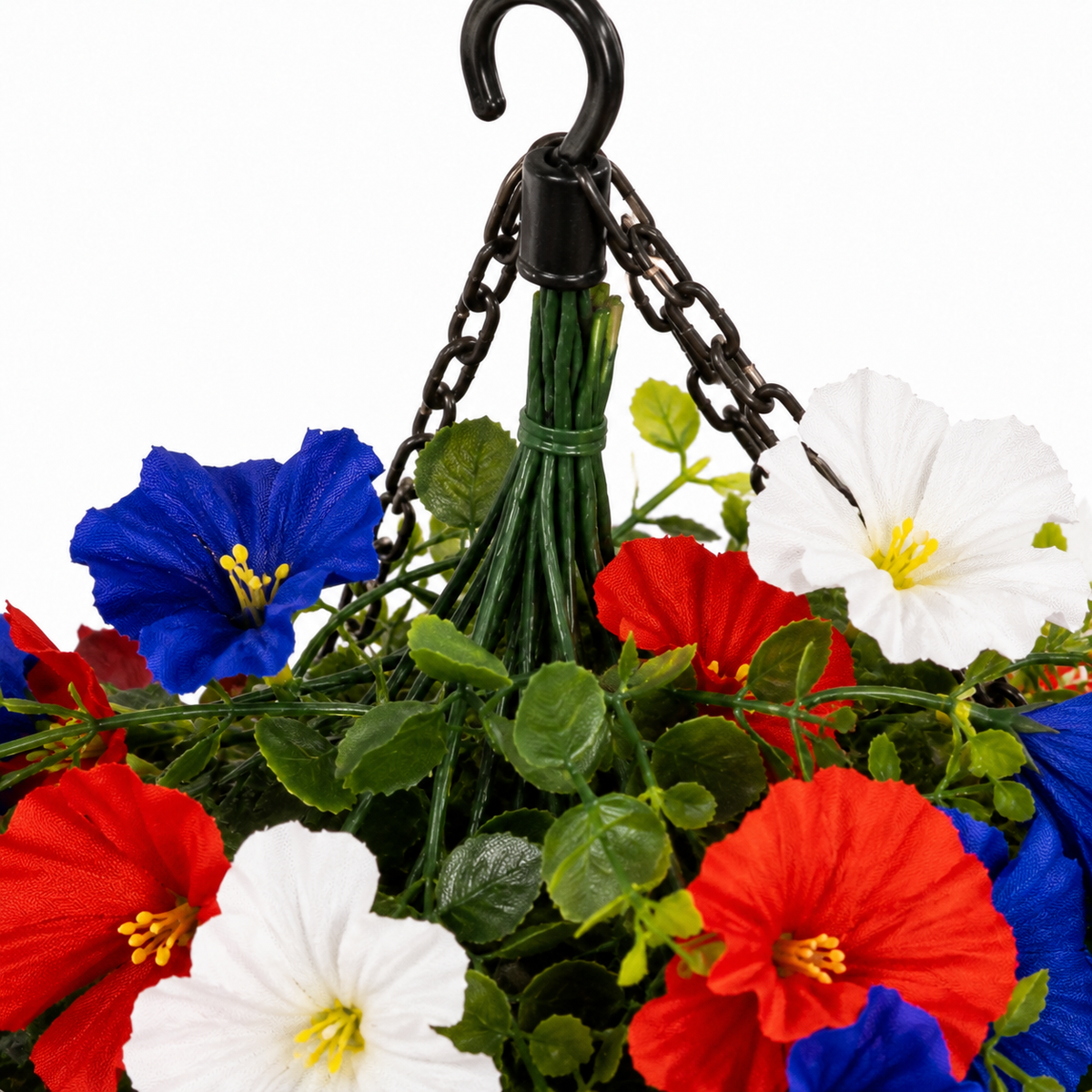 Patriotic Hanging Flower Basket with LED Lights, Red White Blue Silk Blooms for July 4th Porch Decor