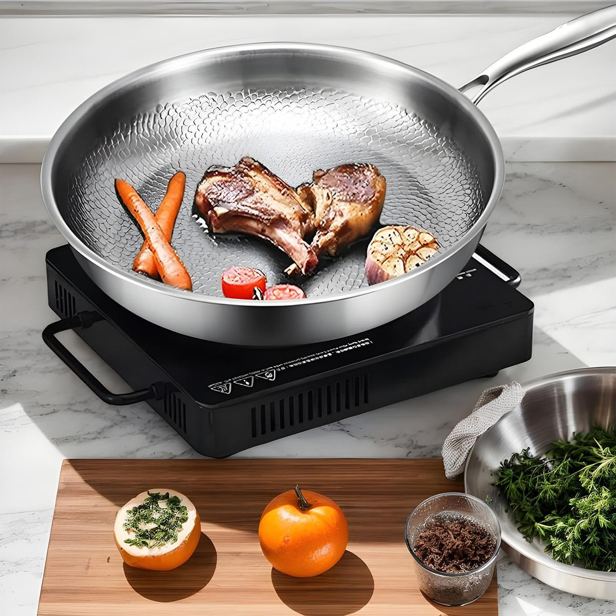 Pure Titanium Frying Pan with Hammered Texture – Naturally Non-Stick, Uncoated, Induction Compatible