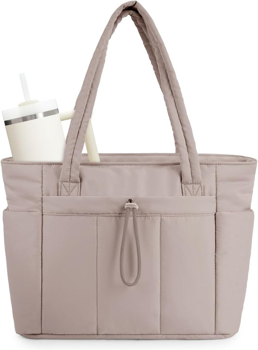 Quilted Puffer Tote Bag with Laptop Sleeve and Cup Holder