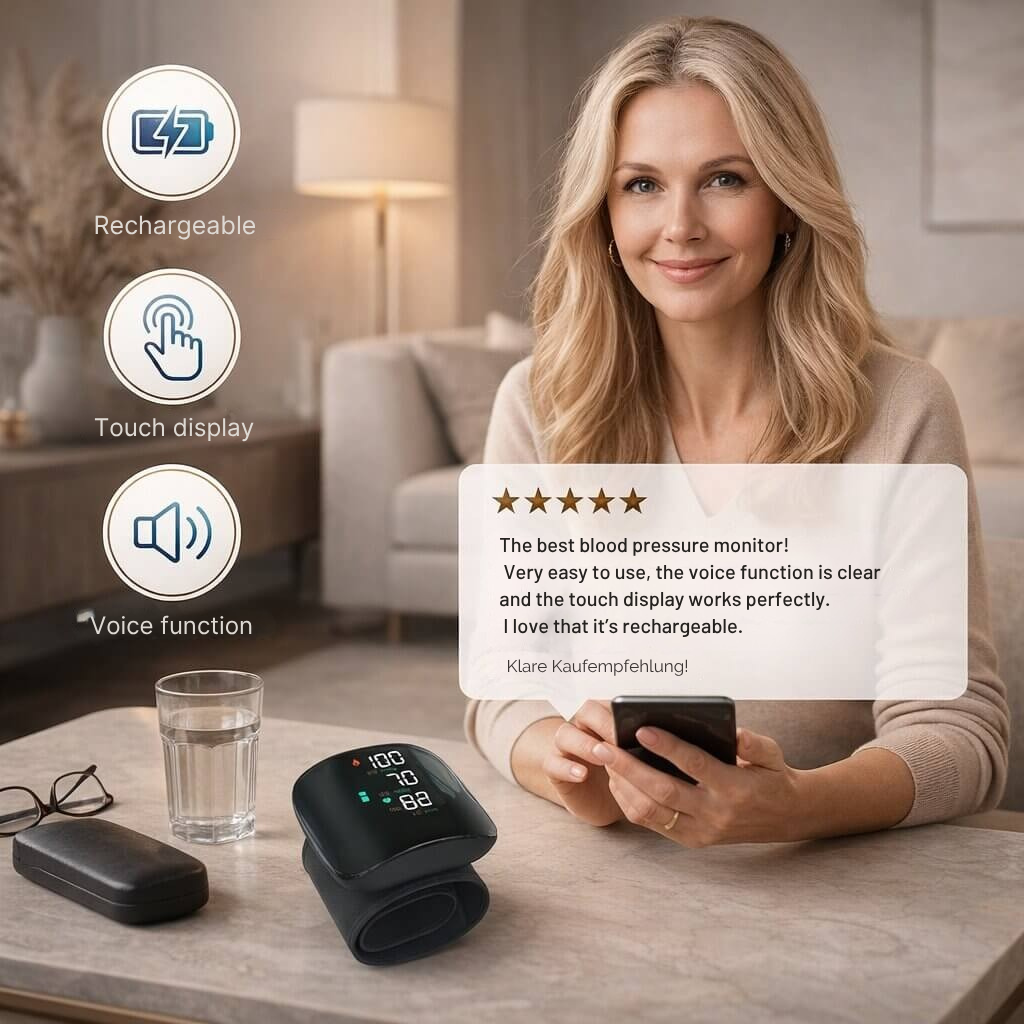 Rechargeable Wrist Blood Pressure Monitor with Touchscreen and Voice Function