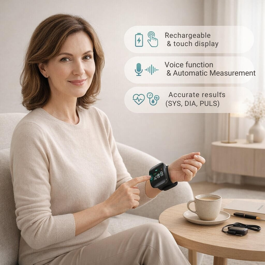 Rechargeable Wrist Blood Pressure Monitor with Touchscreen and Voice Function