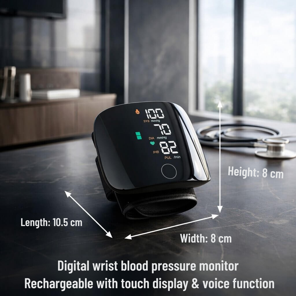 Rechargeable Wrist Blood Pressure Monitor with Touchscreen and Voice Function