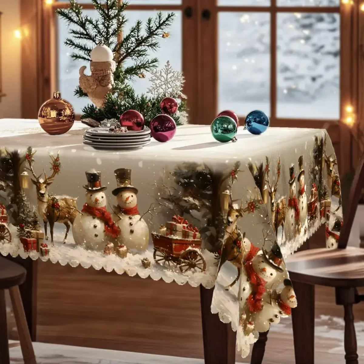 Rectangular Christmas Tablecloth with Snowman and Reindeer Print and Scalloped Lace Hem