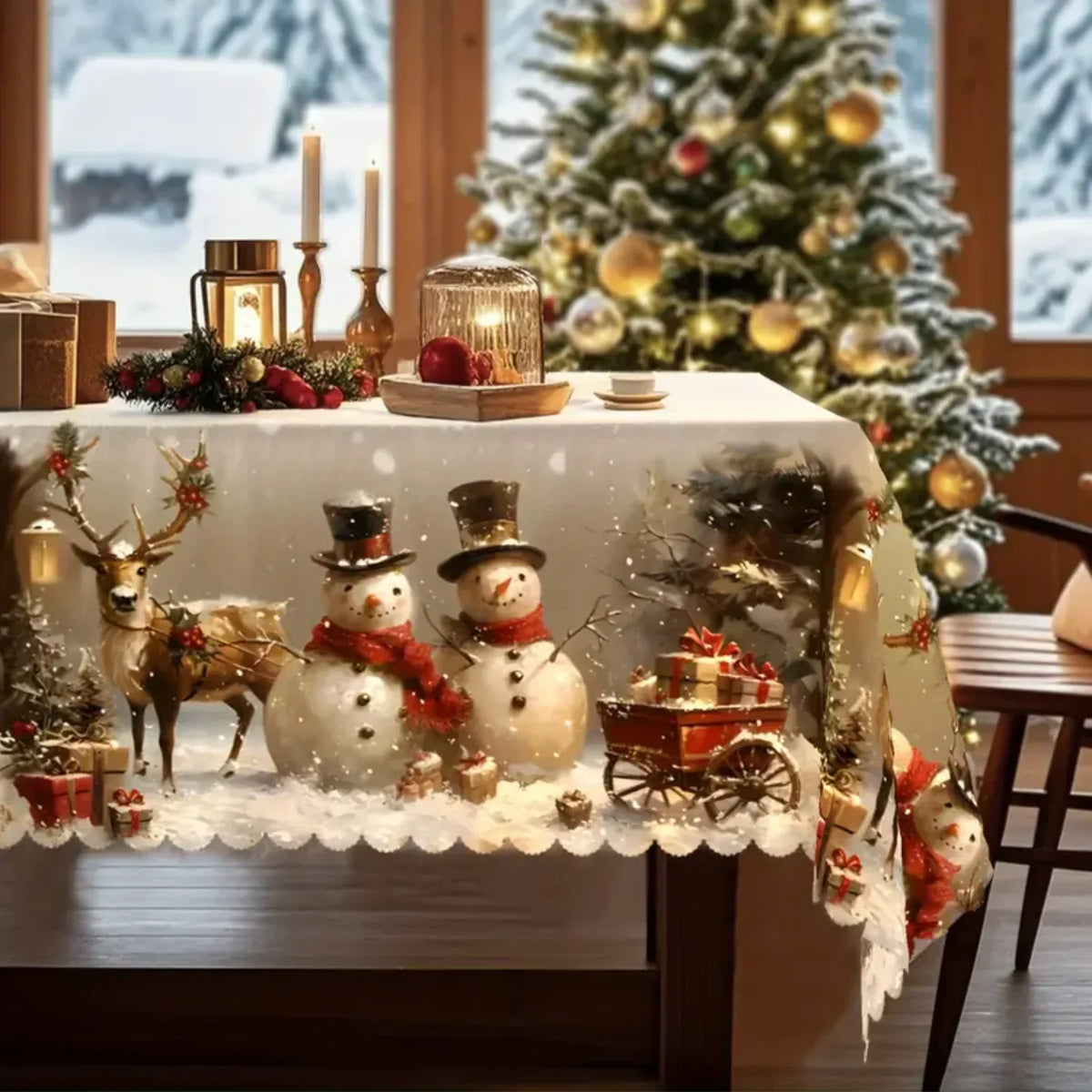 Rectangular Christmas Tablecloth with Snowman and Reindeer Print and Scalloped Lace Hem