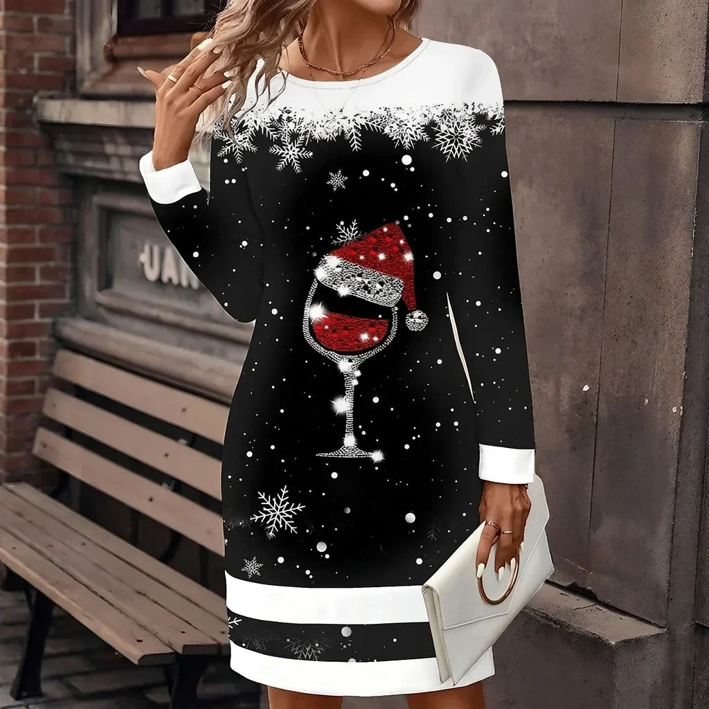 Round Neck Printed Christmas Dress