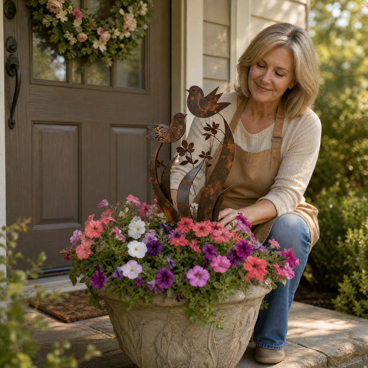 Rustic Bird & Wildflower Garden Stake