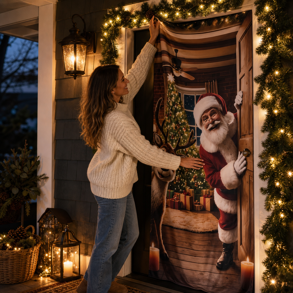 Santa and Reindeer Christmas Door Cover