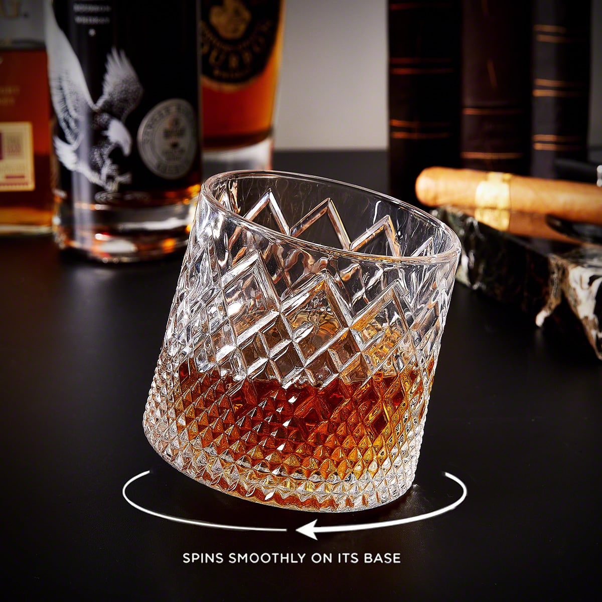 Spinning Whiskey Glass with Wooden Coaster Base and Diamond-Cut Pattern Bourbon Tumbler
