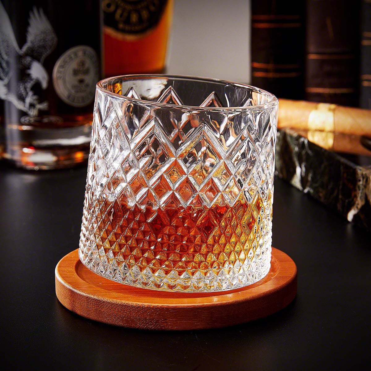 Spinning Whiskey Glass with Wooden Coaster Base and Diamond-Cut Pattern Bourbon Tumbler