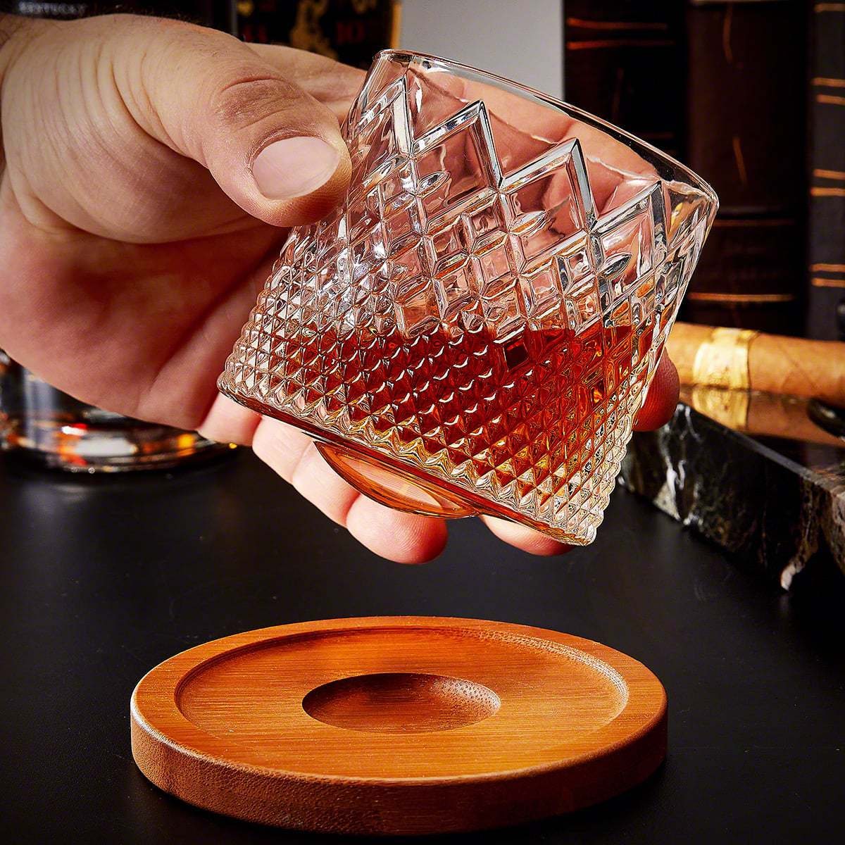 Spinning Whiskey Glass with Wooden Coaster Base and Diamond-Cut Pattern Bourbon Tumbler