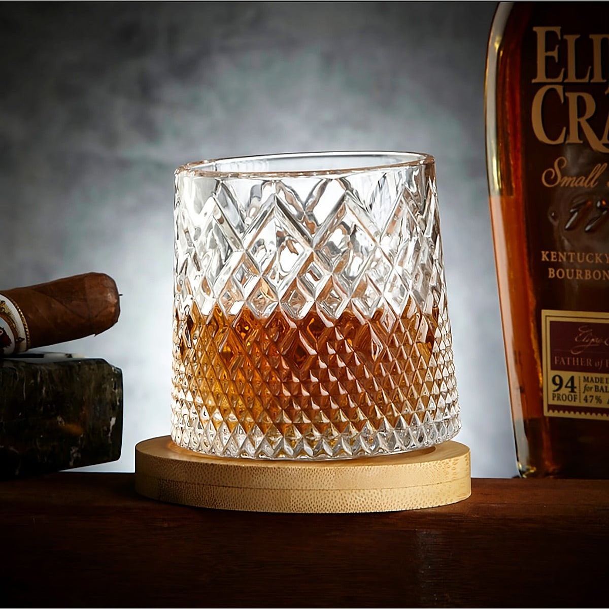 Spinning Whiskey Glass with Wooden Coaster Base and Diamond-Cut Pattern Bourbon Tumbler