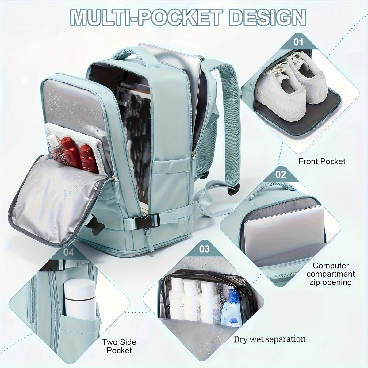 Versatile Travel and Day Backpack with Shoe Compartment and Waterproof Compartments