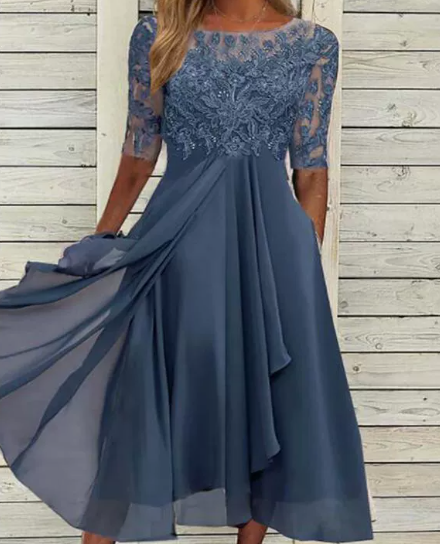 Wedding Guest Lace Midi Dress with Short Sleeves and Round Neck