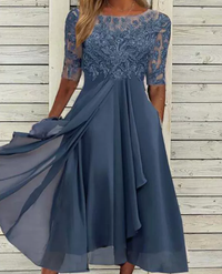 Wedding Guest Lace Midi Dress with Short Sleeves and Round Neck