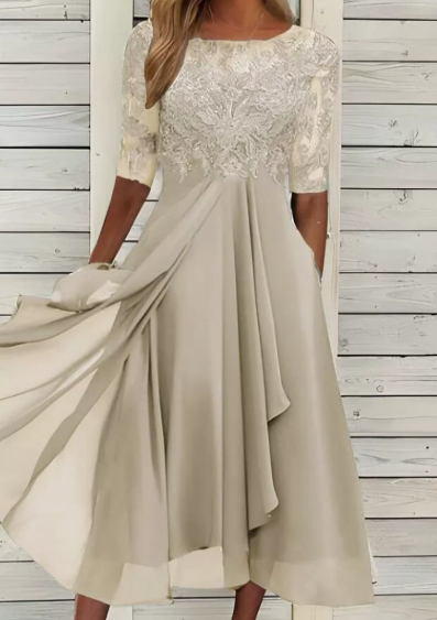 Wedding Guest Lace Midi Dress with Short Sleeves and Round Neck