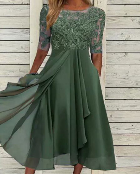 Wedding Guest Lace Midi Dress with Short Sleeves and Round Neck