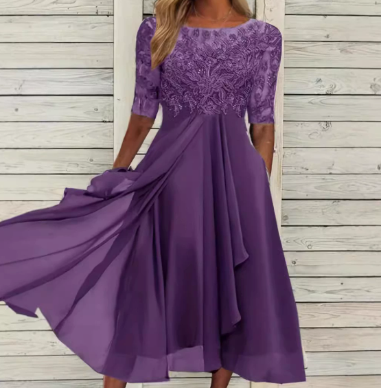 Wedding Guest Lace Midi Dress with Short Sleeves and Round Neck