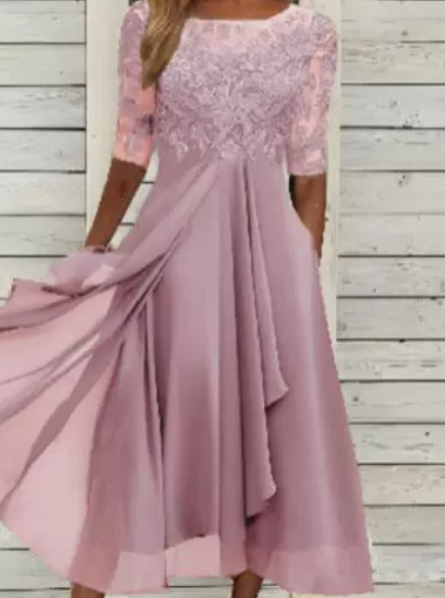 Wedding Guest Lace Midi Dress with Short Sleeves and Round Neck