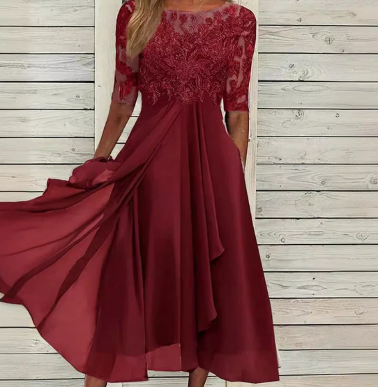 Wedding Guest Lace Midi Dress with Short Sleeves and Round Neck