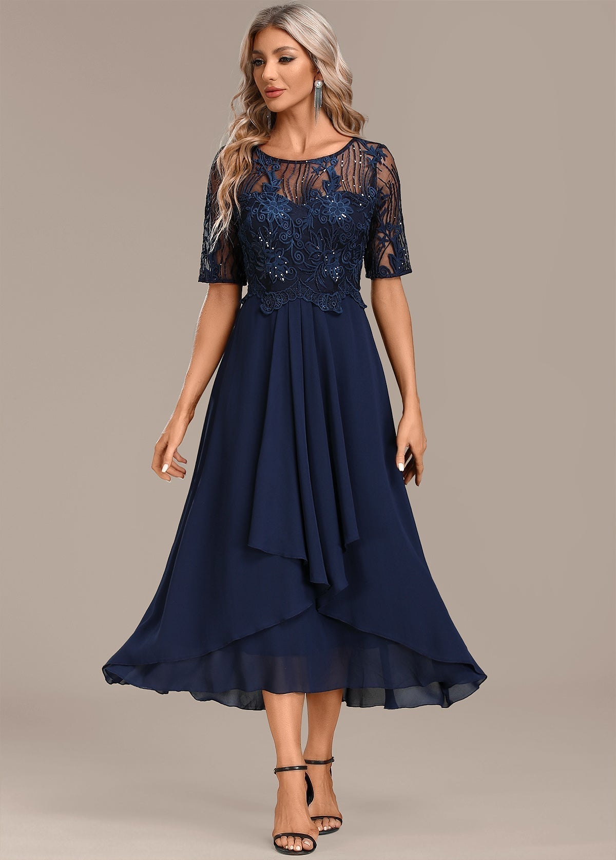 Wedding Guest Lace Midi Dress with Short Sleeves and Round Neck