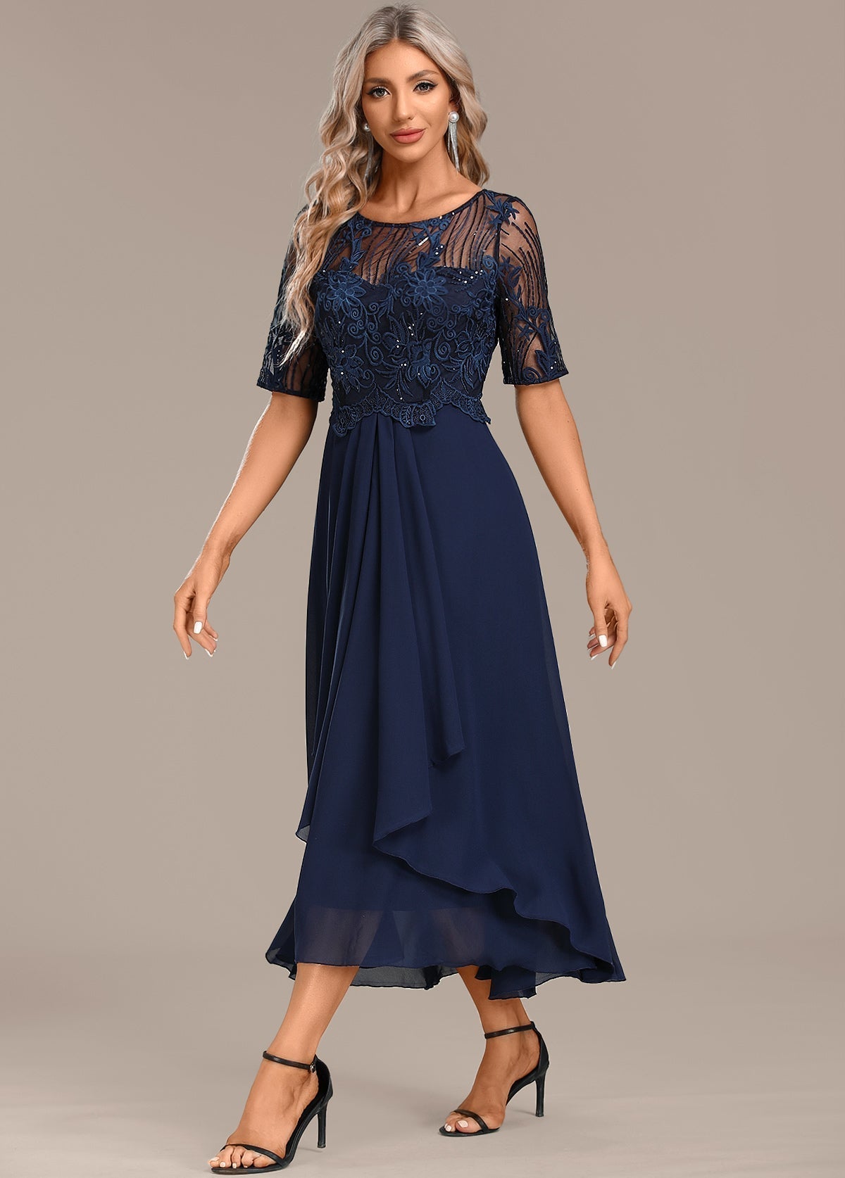 Wedding Guest Lace Midi Dress with Short Sleeves and Round Neck