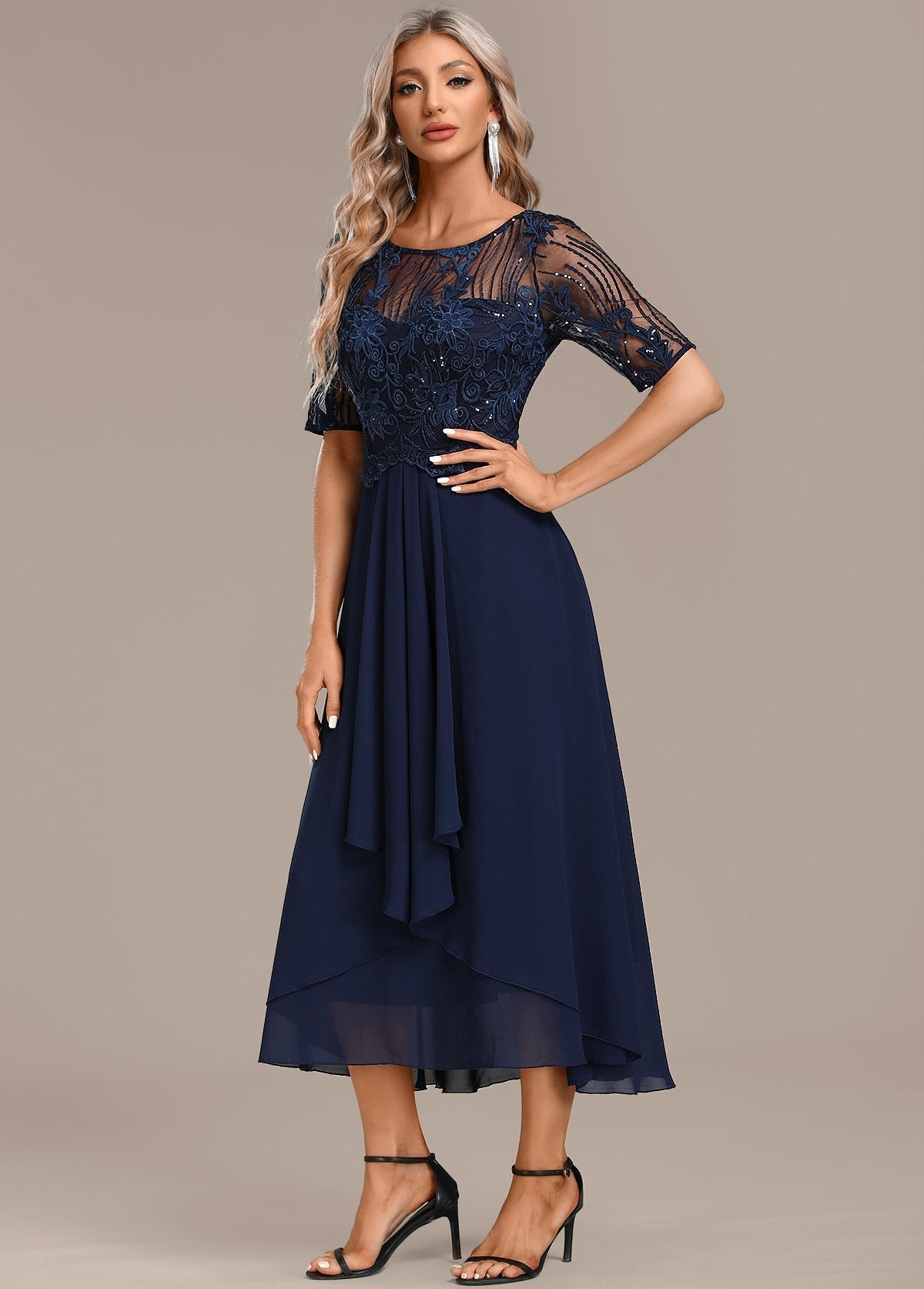 Wedding Guest Lace Midi Dress with Short Sleeves and Round Neck