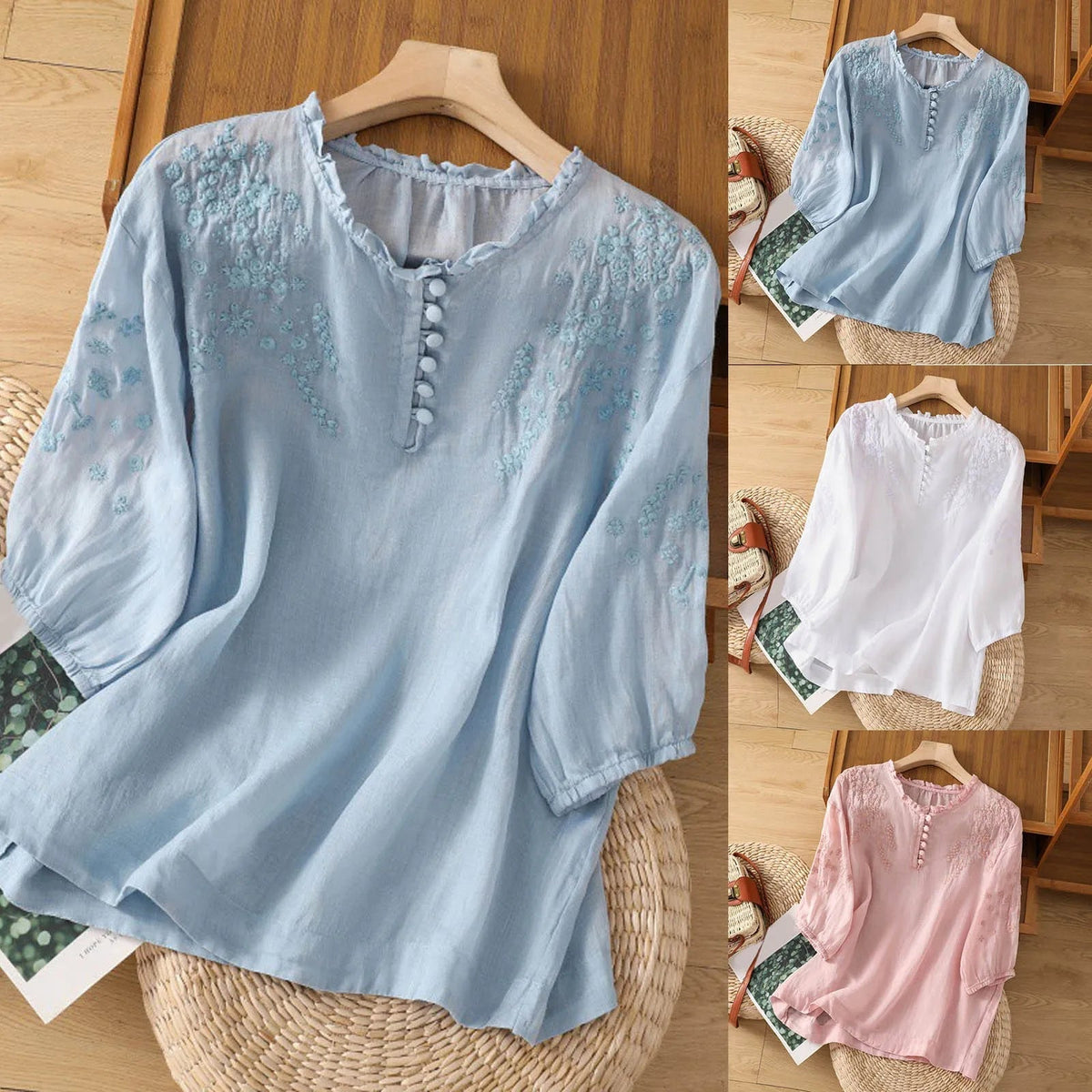 Women's 3/4-Sleeve Embroidered Blouse